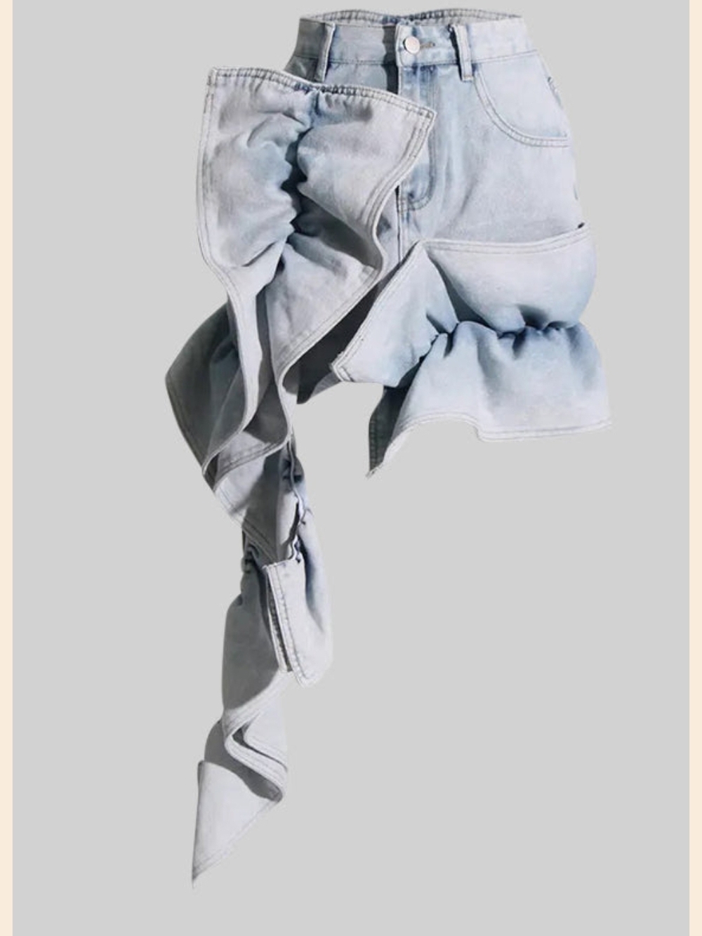 Light Blue Ruffle Denim Mini Skirt — Feminine Cascade Detail